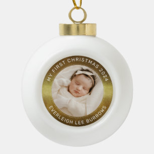 My First Christmas White Personalized Baby Photo Ceramic Ball Christmas Ornament