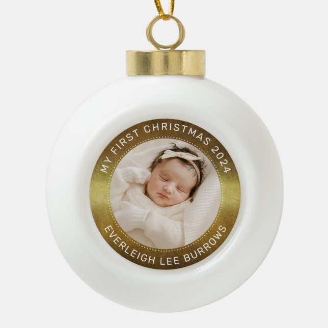 My First Christmas White Personalized Baby Photo  Ceramic Ball Christmas Ornament (Front)