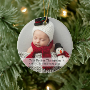 My First Christmas White Stripe Custom Baby Photo Ceramic Tree Decoration