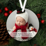 My First Christmas White Stripe Custom Baby Photo Ornament<br><div class="desc">This simple and stylish two-sided holiday keepsake ornament features a favourite photo of your newborn photo with a simple white translucent stripe overlay with modern "My 1st Christmas" text that can be personalised with baby's name and their birth year. Neutral black and white colours work well for both a baby...</div>