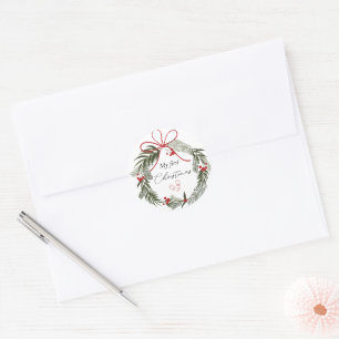 My First Christmas with Christmas Wreath Classic Round Sticker