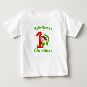 My First Christmas with name cute green elf Baby T-Shirt