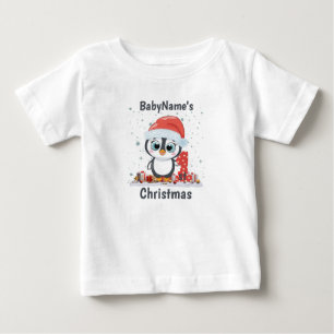 My First Christmas with name cute penguin presents Baby T-Shirt
