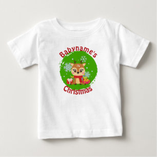 My First Christmas with name cute reindeer green Baby T-Shirt
