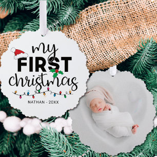 My first Christmas with name photo Tree Decoration Card