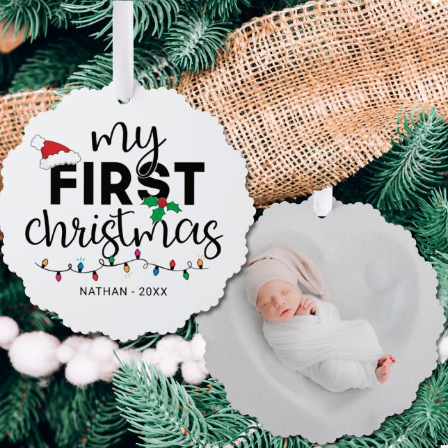 My first Christmas with name photo Tree Decoration Card (Creator Uploaded)