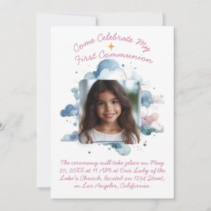 My First Communion Watercolor Clouds Invitation