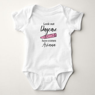 My First Day of Daycare, Pink Glitter Crayon Baby Bodysuit