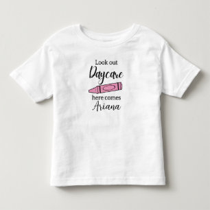 My First Day of Daycare, Pink Glitter Crayon Toddler T-Shirt