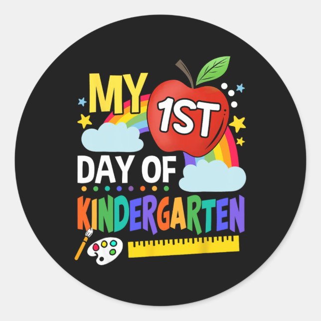 My First Day Of Kindergarten Fun Colourful Rainbow Classic Round Sticker (Front)