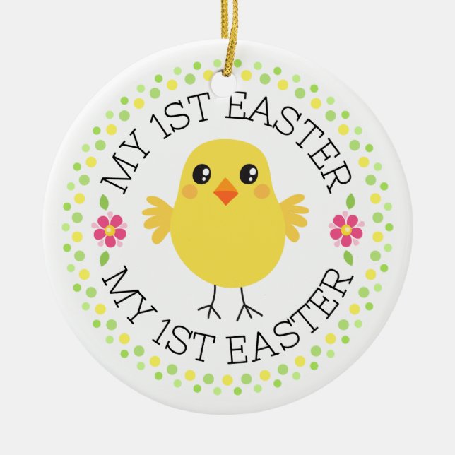 My first Easter cute chicken dot border Ceramic Tree Decoration (Front)