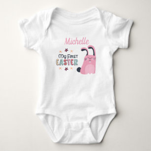 My first Easter with pink cartoon bunny and name Baby Bodysuit