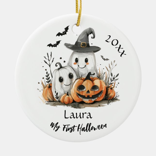 My First Halloween Cute Ghost Pumpkin Baby Name Ceramic Tree Decoration (Front)