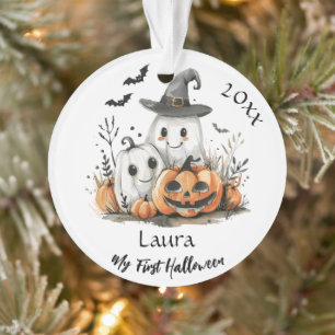 My First Halloween Cute Ghost Pumpkin Baby Name Ornament