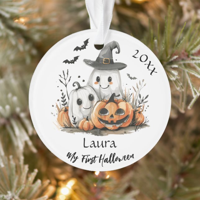 My First Halloween Cute Ghost Pumpkin Baby Name Ornament (Tree)