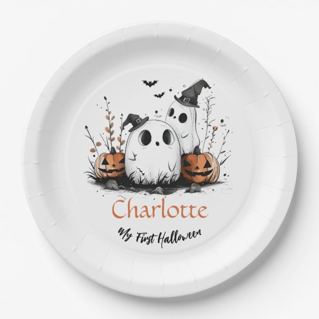My First Halloween Cute Ghost Pumpkin Baby Name Paper Plate (Front)