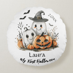 My First Halloween Cute Ghost Pumpkin Baby Name Round Cushion
