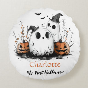My First Halloween Cute Ghost Pumpkin Baby Name Round Cushion