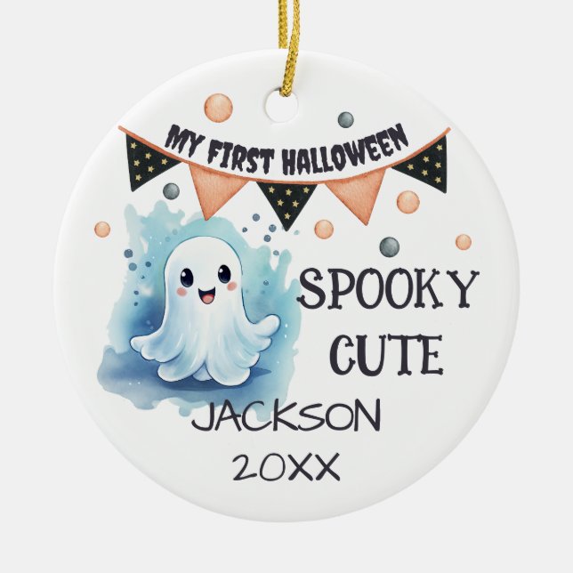 My First Halloween - Cute Happy Ghost Customisable Ceramic Tree Decoration (Front)