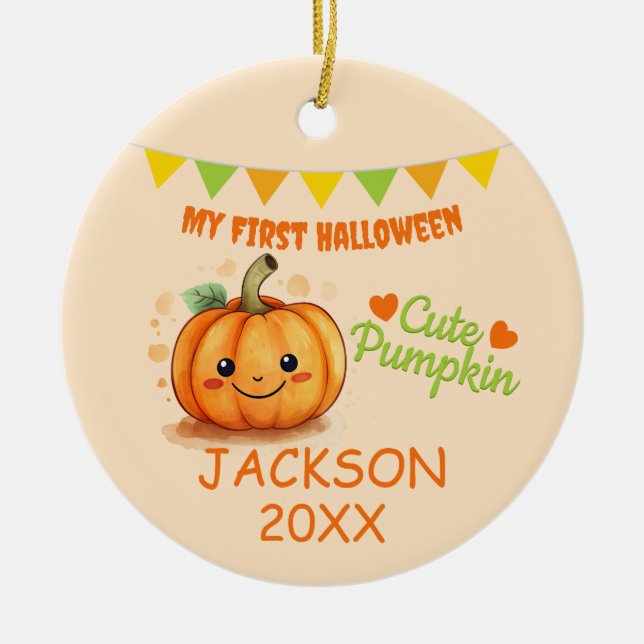 My First Halloween - Cute Pumpkin Customisable Ceramic Tree Decoration (Front)