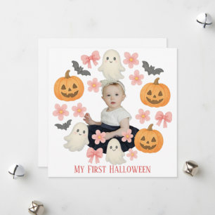 My First Halloween   Cute Pumpkin & Ghost Wreath  Holiday Card