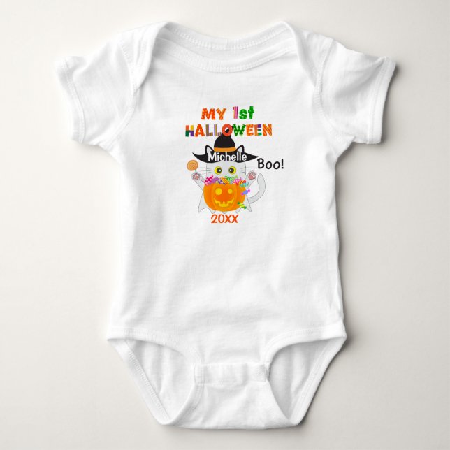 My First Halloween Ghost Cat Baby Bodysuit (Front)