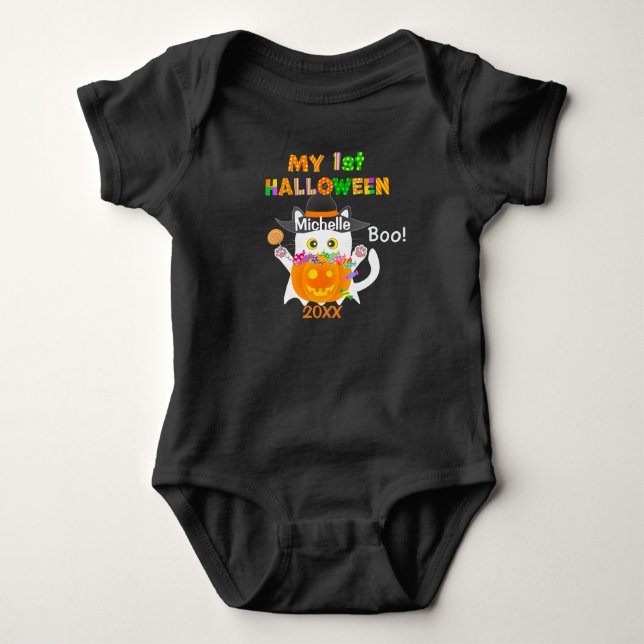 My First Halloween Ghost Cat Baby Bodysuit (Front)