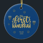 My First Hanukkah Blue, Star, Menorah Ceramic Tree Decoration<br><div class="desc">Celebrate the joy of the first Hanukkah with a special, personalised photo of your newborn! This unique design features elegant colours of blue and golden with Stars of David, a menorah, and typography. Easily change the text by clicking on the "personalise this template" option. Check out this collection for matching...</div>