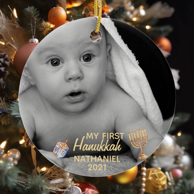 My First Hanukkah Menorah Photo Template Ceramic Tree Decoration (Creator Uploaded)