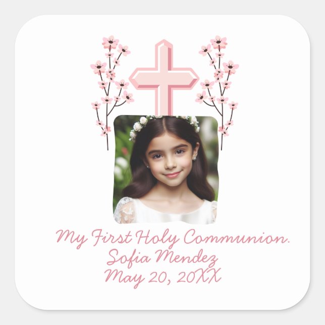 My First Holy Communion Custom Photo Floral  Square Sticker (Front)