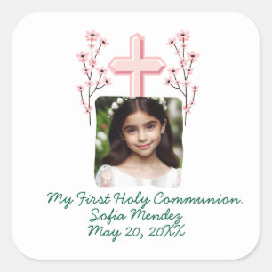 My First Holy Communion Custom Photo Floral Square Sticker