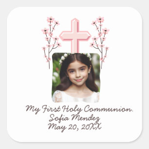 My First Holy Communion Custom Photo Floral Square Sticker