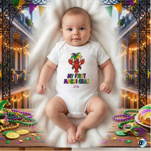 My First Mardi Gras 2026 Crawfish Jester Hat Baby Bodysuit