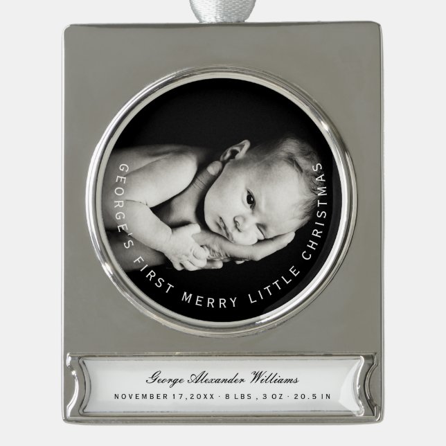 My First Merry Little Christmas Circle Typography Silver Plated Banner Ornament (Front)