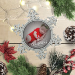 My First Merry Little Christmas Newborn Baby Photo Snowflake Pewter Christmas Ornament<br><div class="desc">Simple lovely baby first Christmas ornament. Easy to personalise with your details. Please get in touch with me via chat if you have questions about the artwork or need customisation. PLEASE NOTE: For assistance on orders,  shipping,  product information,  etc.,  contact Zazzle Customer Care directly https://help.zazzle.com/hc/en-us/articles/221463567-How-Do-I-Contact-Zazzle-Customer-Support-.</div>