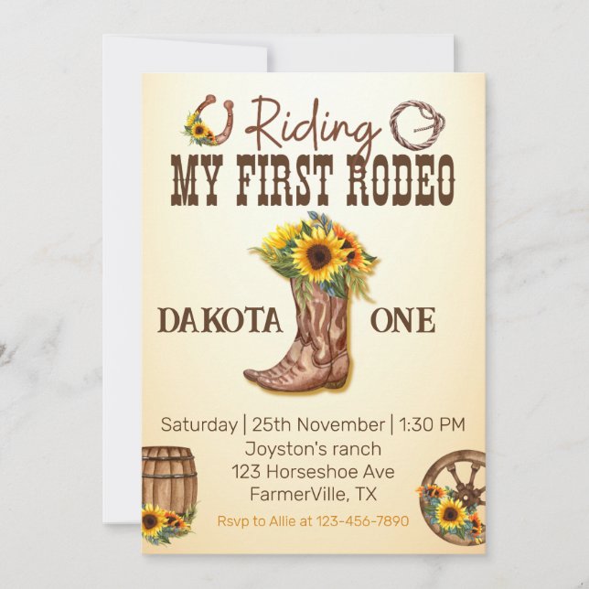 My First Rodeo Cowboy boots Sunflower Girls Invitation (Front)