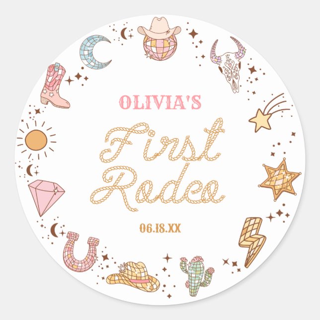 My First Rodeo Disco Cowgirl 1st Birthday Party Classic Round Sticker (Front)