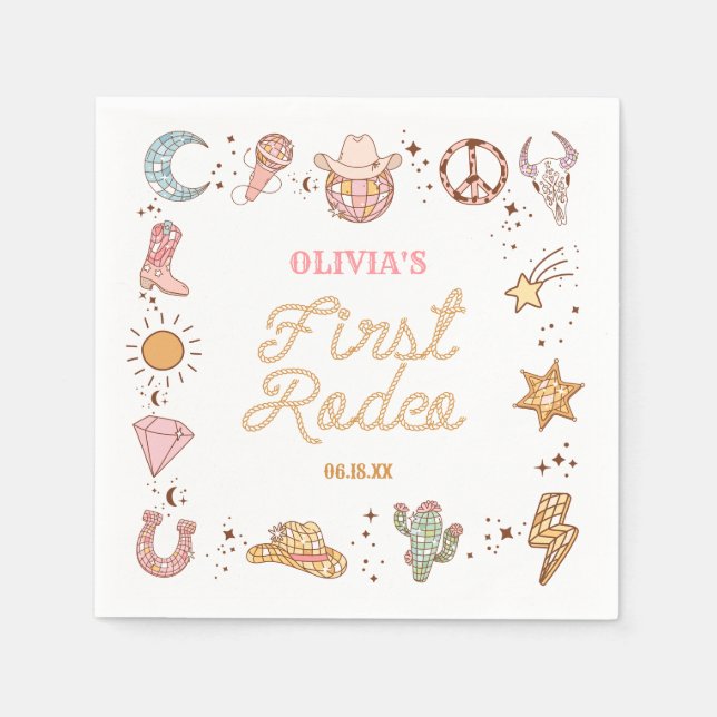 My First Rodeo Disco Cowgirl 1st Birthday Party Napkin (Front)