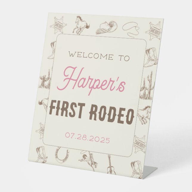My First Rodeo Personalised Birthday Pink Girl Pedestal Sign (Front)