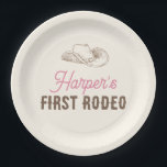 My First Rodeo Personalised Pink Cowgirl Birthday Paper Plate<br><div class="desc">Celebrate your little cowgirl’s big milestone with this charming My First Rodeo birthday paper plates. Featuring a neutral western-inspired design with cowboy boots, hats, and rodeo accents, this personalised banner is the perfect backdrop for a first birthday party. Customise with your child’s name that adds a fun, rustic touch to...</div>