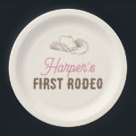 My First Rodeo Personalised Pink Cowgirl Birthday Paper Plate<br><div class="desc">Celebrate your little cowgirl’s big milestone with this charming My First Rodeo birthday paper plates. Featuring a neutral western-inspired design with cowboy boots, hats, and rodeo accents, this personalised banner is the perfect backdrop for a first birthday party. Customise with your child’s name that adds a fun, rustic touch to...</div>