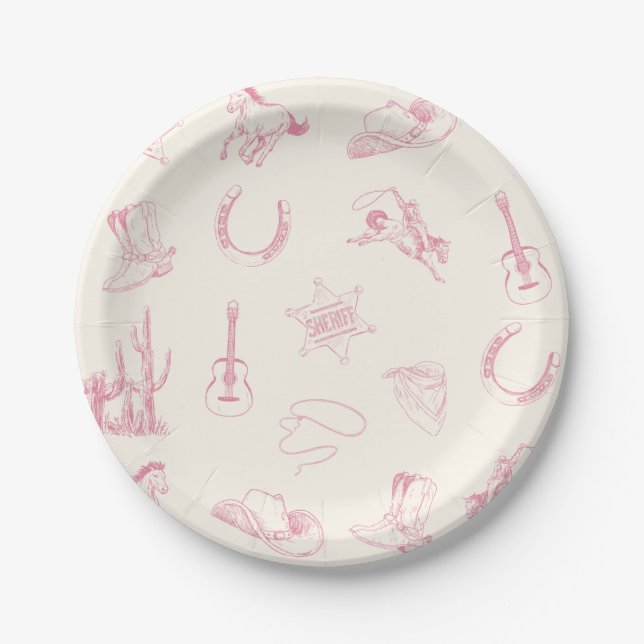My First Rodeo Pink Cowgirl Western Birthday Paper Plate (Front)
