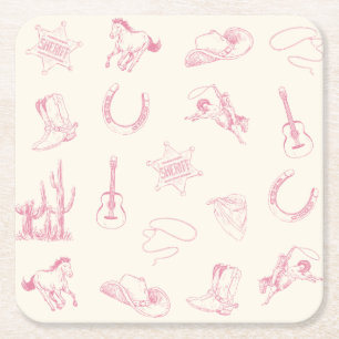 My First Rodeo Pink Cowgirl Western Birthday Square Paper Coaster