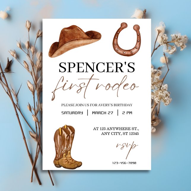 "My First Rodeo" Watercolor Western 1st Birthday  Invitation ("My First Rodeo" Watercolor Western 1st Birthday Invitation
)