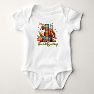 My First Thanksgiving Cute Turkey Plaid Baby Bodysuit