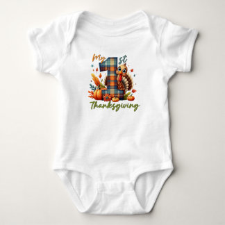 My First Thanksgiving Cute Turkey Plaid Baby Bodysuit