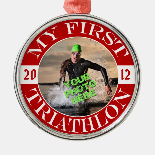 My First Triathlon - Customisable Photo and Year Metal Tree Decoration (Front)