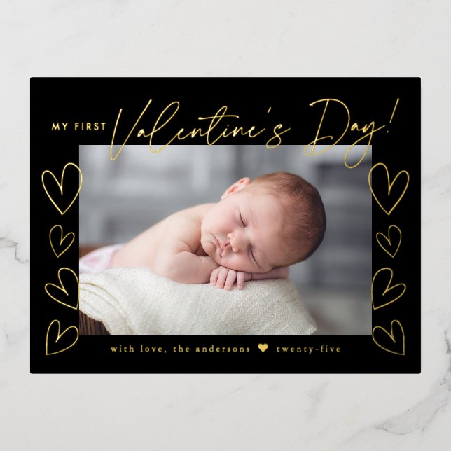 My First Valentine's Day Black Valentine's Day Foil Holiday Postcard (Front)