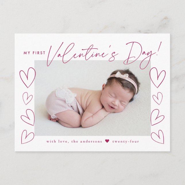 My First Valentine's Day Fuchsia Script Photo Holiday Postcard (Front)