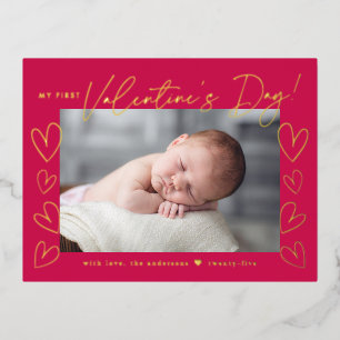 My First Valentine's Day Magenta Valentine's Day Foil Holiday Postcard